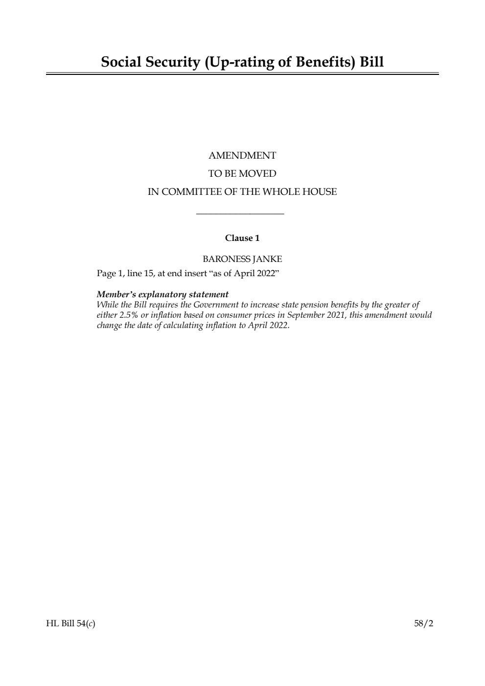 Social Security (Up-rating of Benefits) Bill Amendment to be moved in Committee of the Whole House
