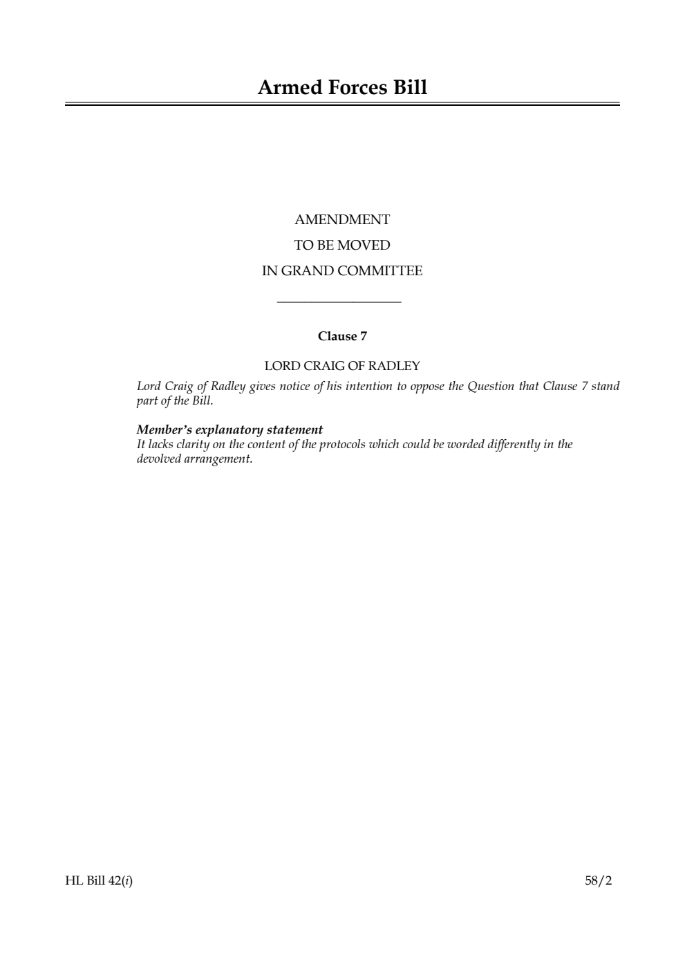 Armed Forces Bill Amendment to be moved in Grand Committee