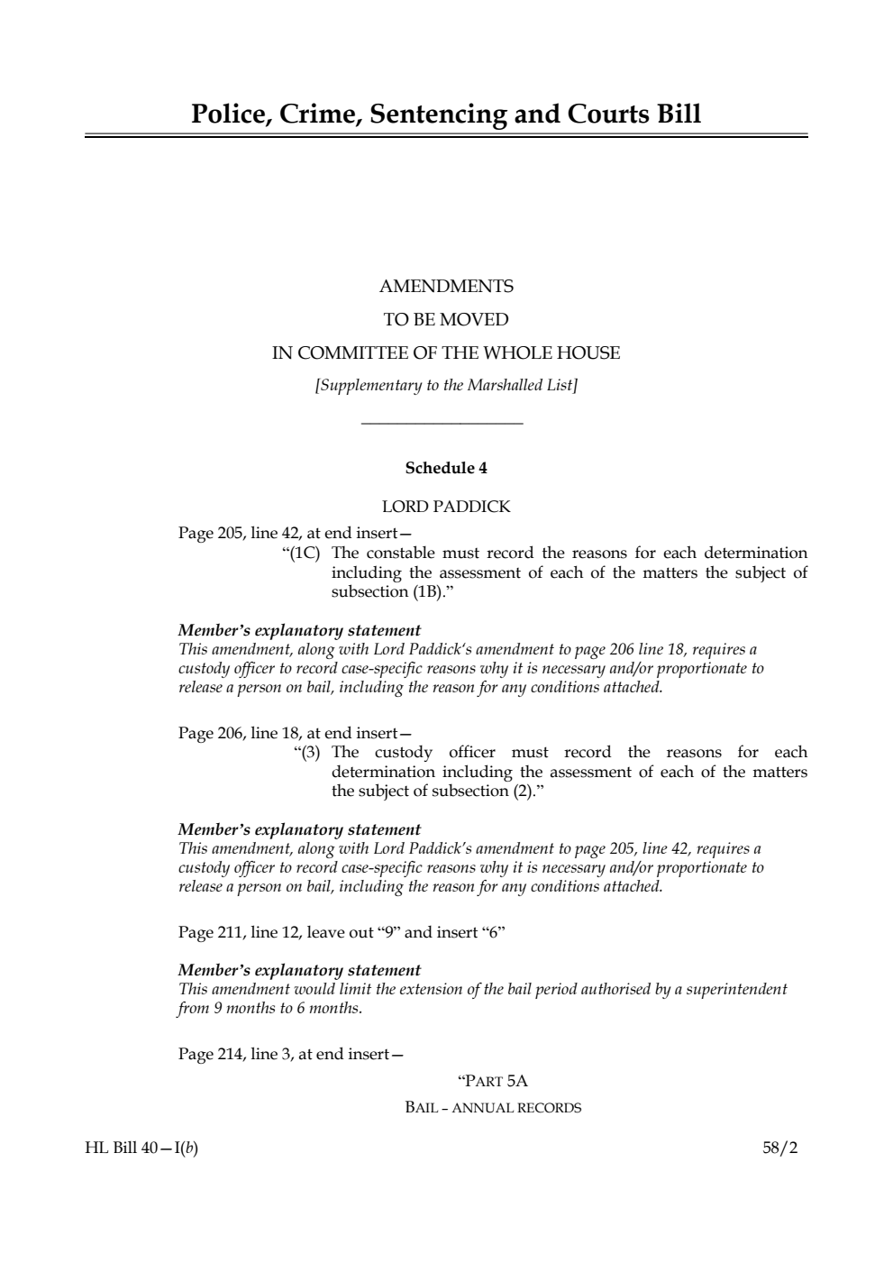 Police, Crime, Sentencing and Courts Bill Amendments to be moved in Committee of the Whole House