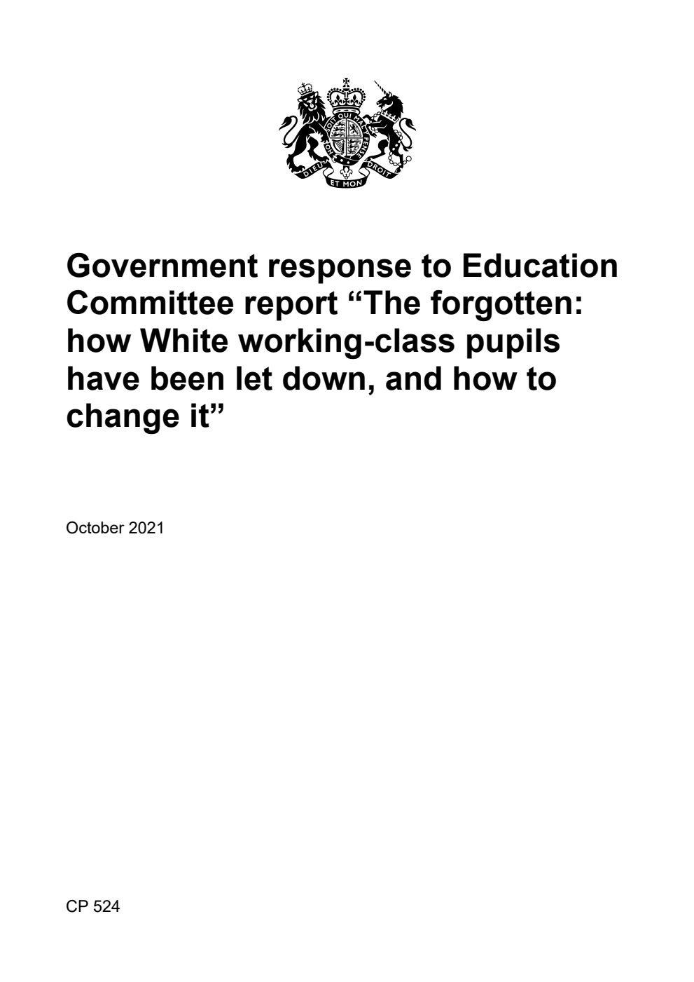 Government response to Education Committee report “The forgotten: how White working-class pupils have been let down, and how to change it”