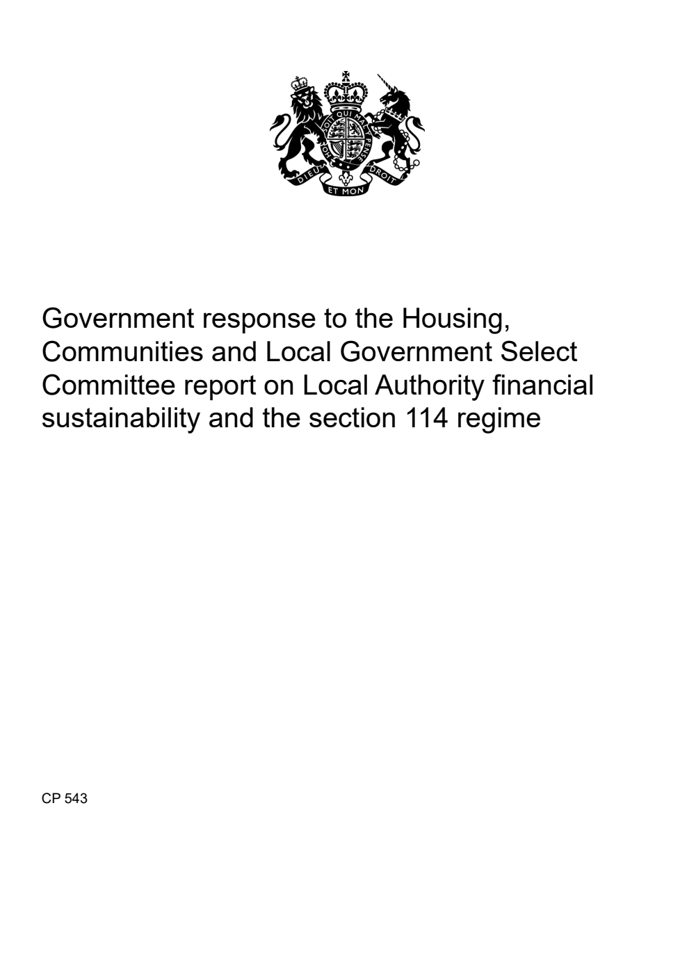 Government response to the Housing, Communities and Local Government Select Committee report on Local Authority financial sustainability and the section 114 regime