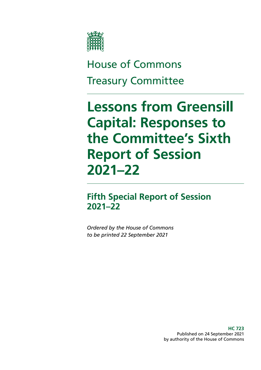 Treasury Committee 5th Special Report. Lessons from Greensill Capital: Responses to the Committee’s Sixth Report of Session 2021–22