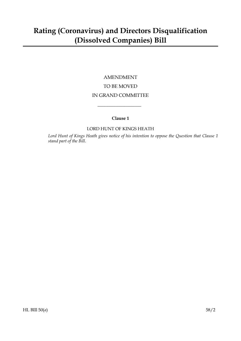 Rating (Coronavirus) and Directors Disqualification (Dissolved Companies) Bill Amendment to be moved in Grand Committee