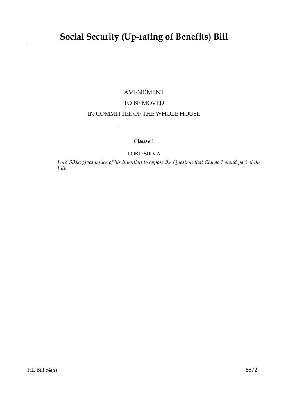 Social Security (Up-rating of Benefits) Bill Amendment to be moved in Committee of the Whole House