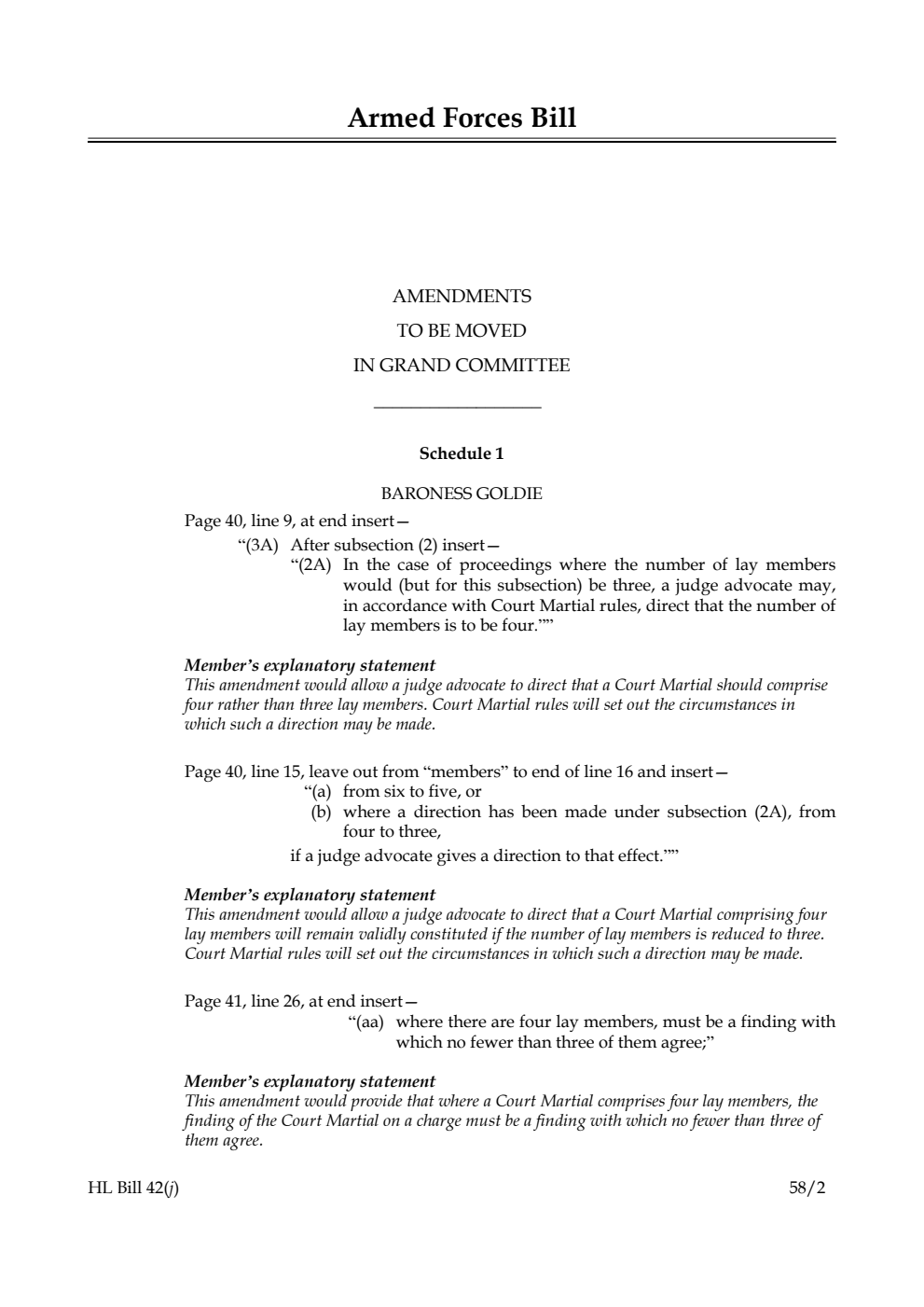 Armed Forces Bill Amendments to be moved in Grand Committee