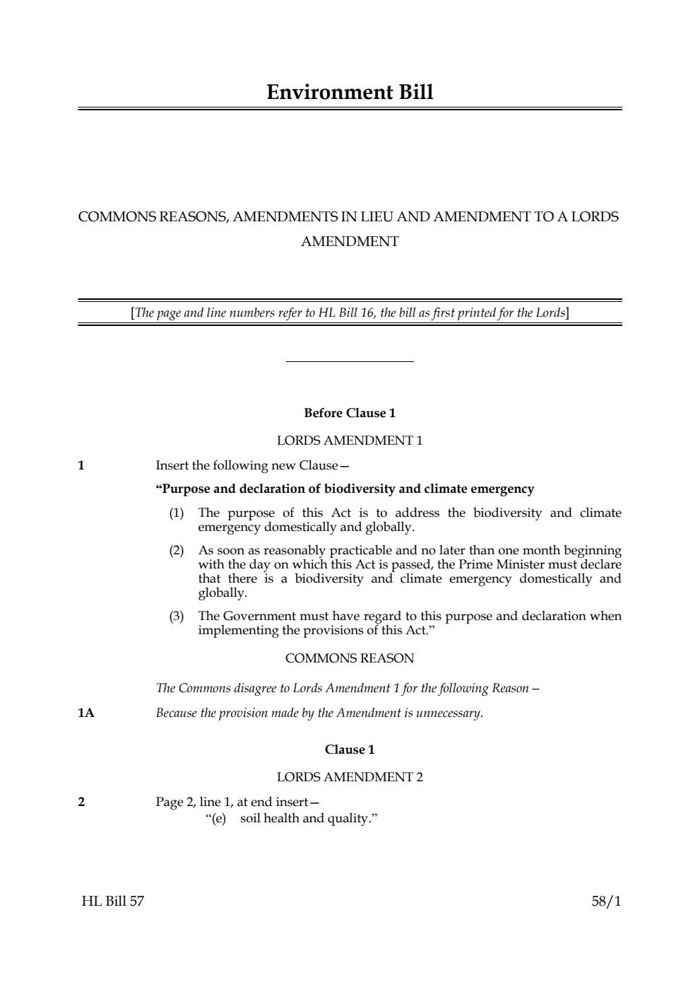 Environment Bill Commons reasons, amendments in lieu and amendment to a Lords amendment