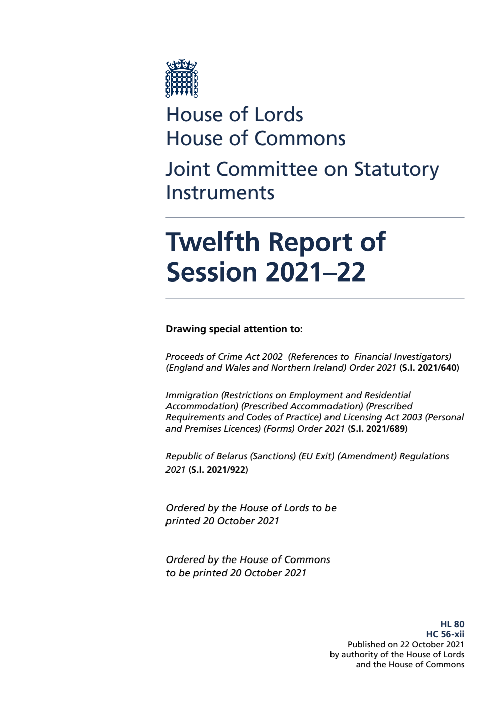 Joint Committee on Statutory Instruments 12th Report of Session 2021-22