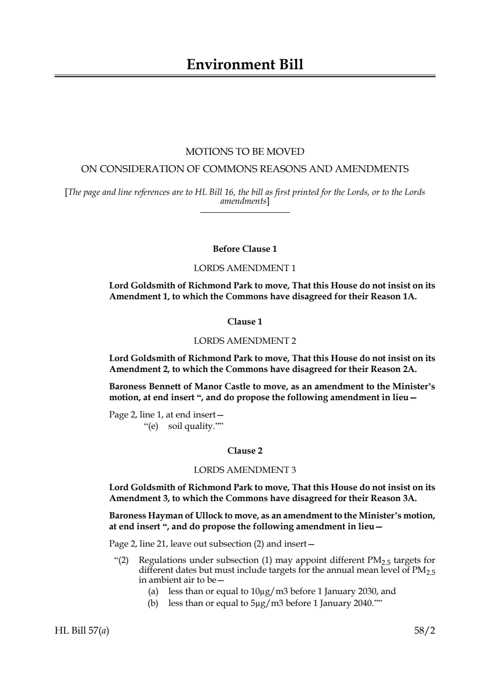 Environment Bill Motions to be moved on consideration of Commons reasons and amendments