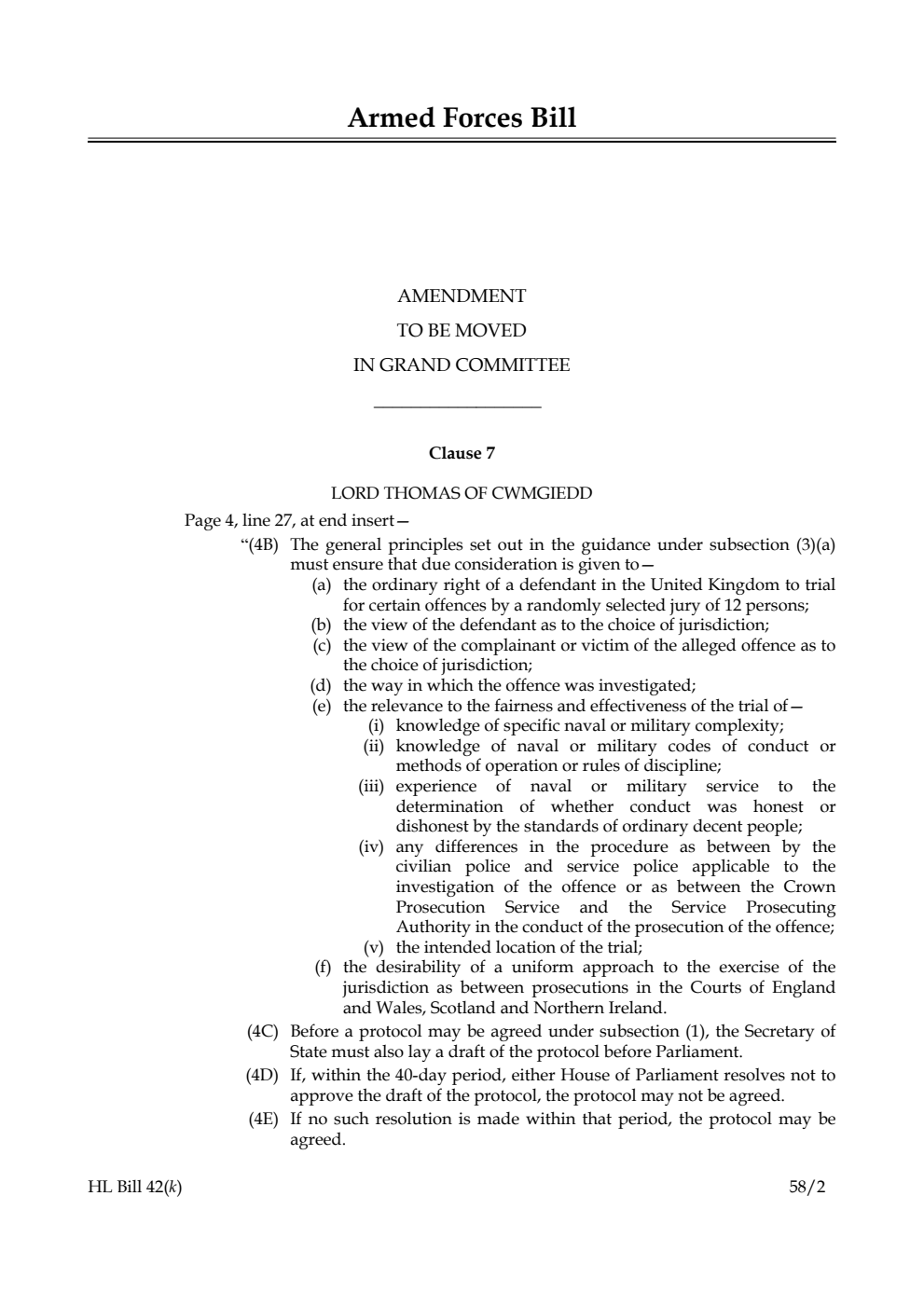 Armed Forces Bill Amendment to be moved in Grand Committee