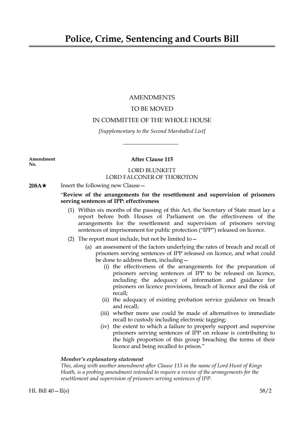 Police, Crime, Sentencing and Courts Bill Amendments to be moved in Committee of the Whole House