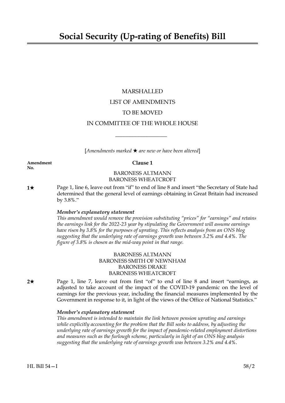 Social Security (Up-rating of Benefits) Bill Marshalled List of Amendments to be moved in Committee of the Whole House