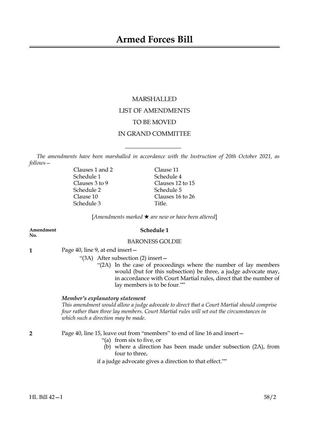 Armed Forces Bill Marshalled List of Amendments to be moved in Grand Committee
