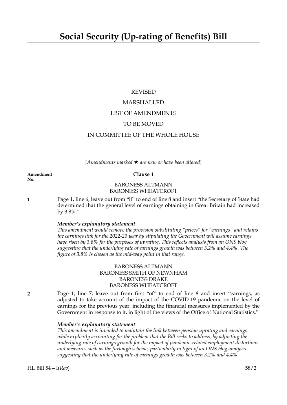 Social Security (Up-rating of Benefits) Bill Revised Marshalled List of Amendments to be moved in Committee of the Whole House