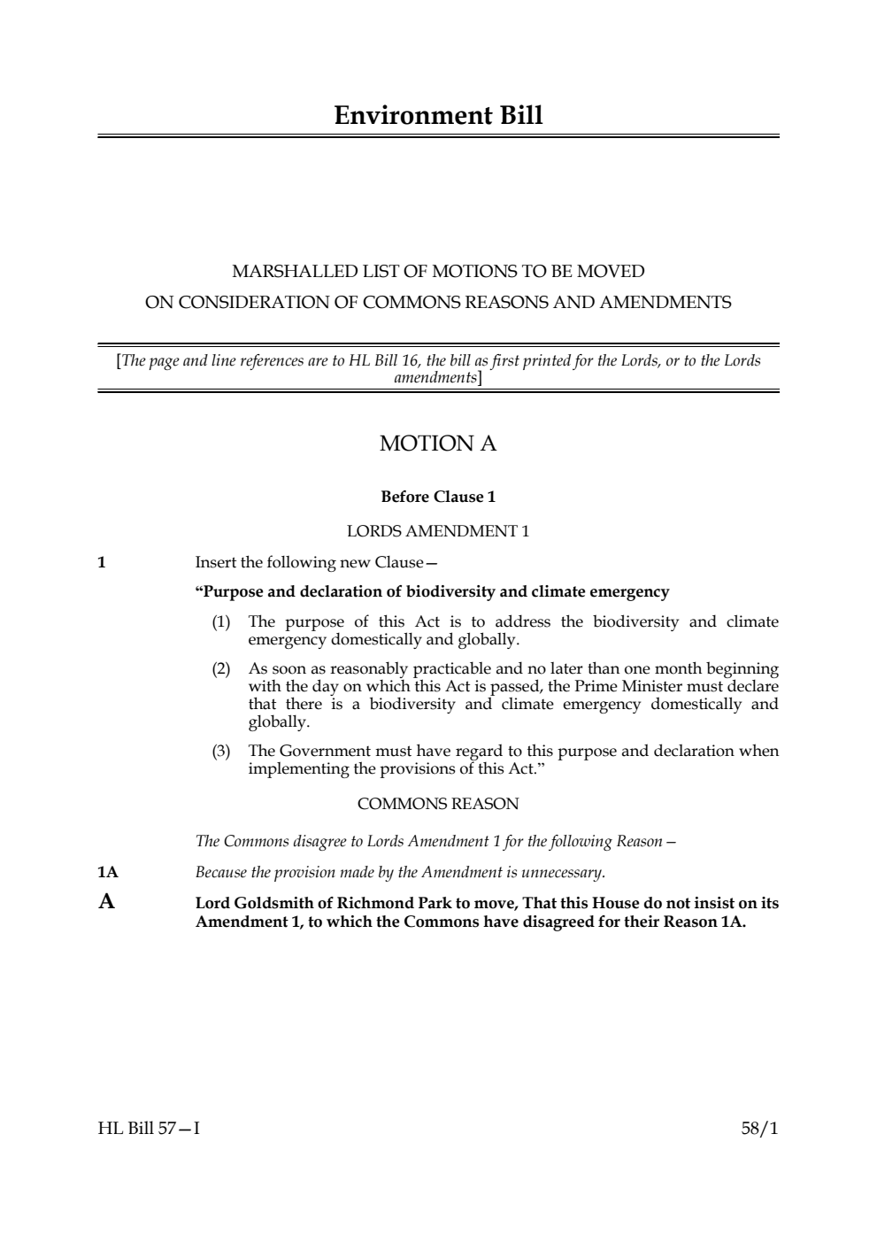Environment Bill Marshalled List of motions to be moved on Consideration of Commons reasons and amendments