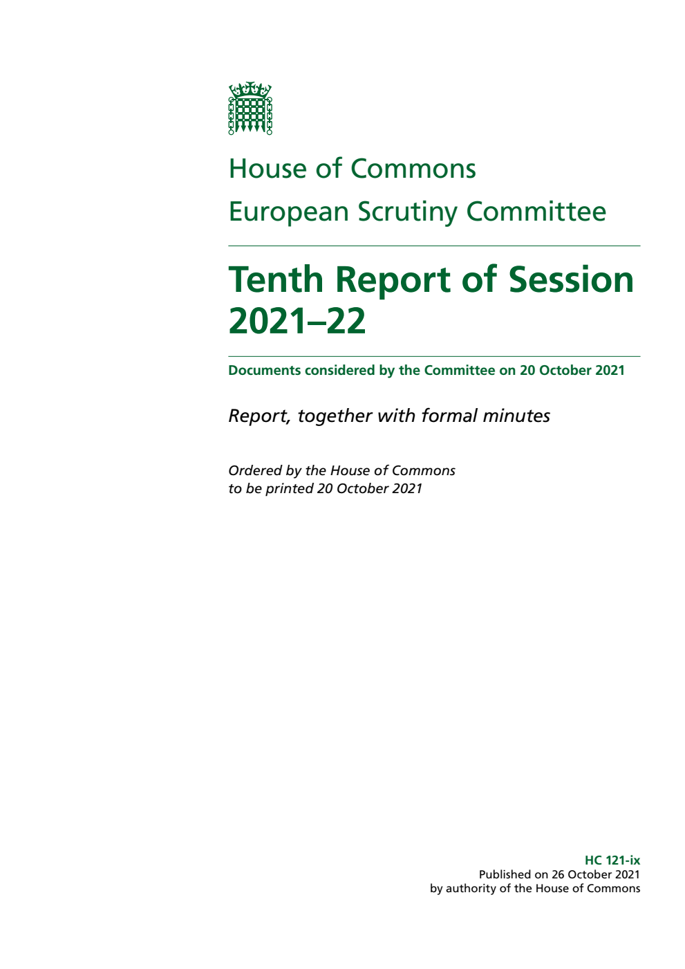 European Scrutiny Committee 10th Report of Session 2021-22