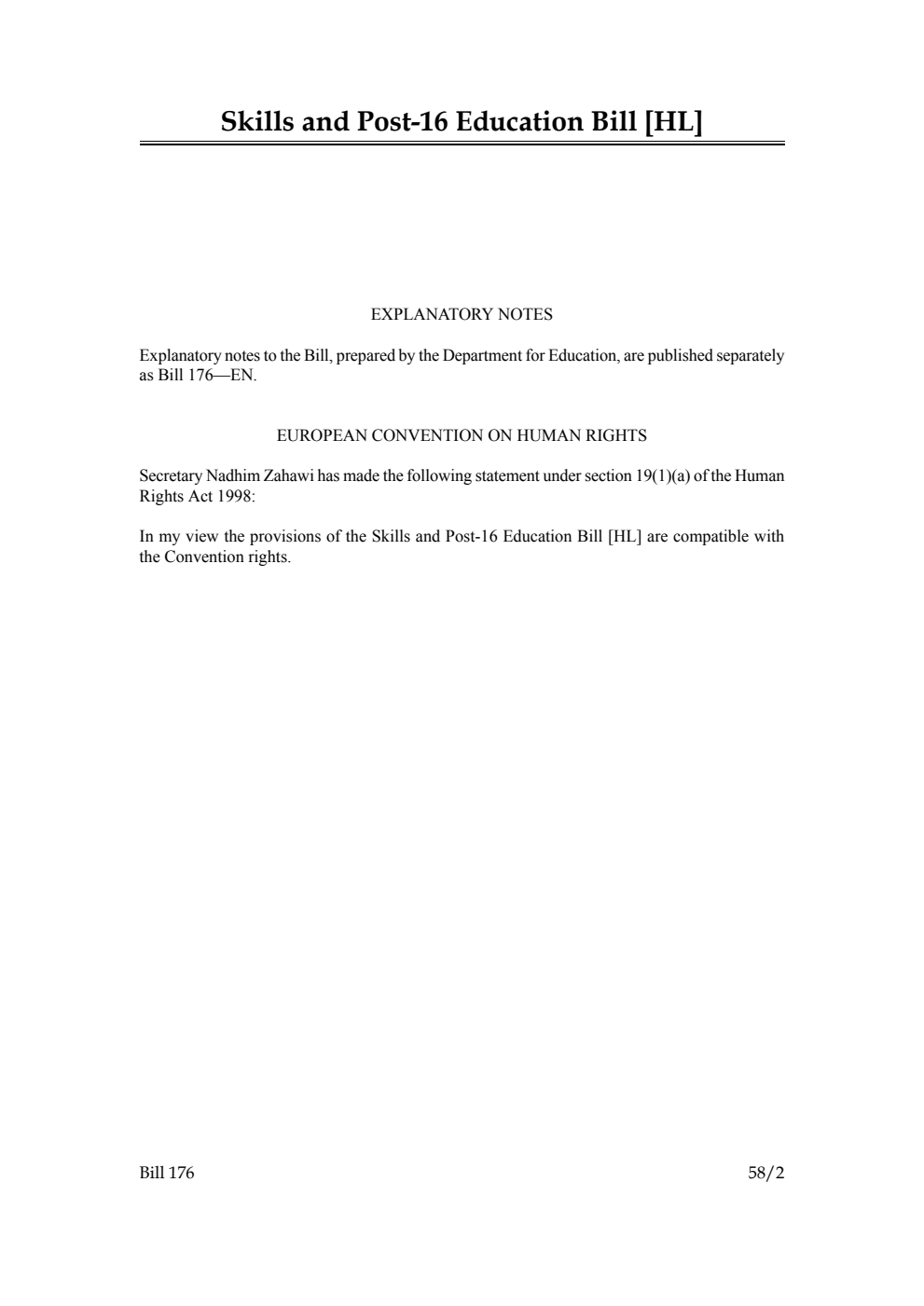 Skills and Post-16 Education Bill (HL) [as brought from the Lords]