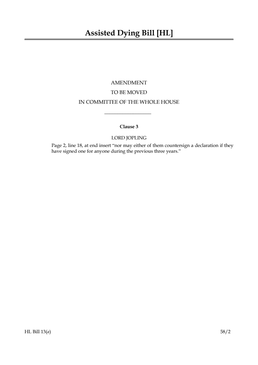 Assisted Dying Bill Amendment to be moved in Committee of the Whole House