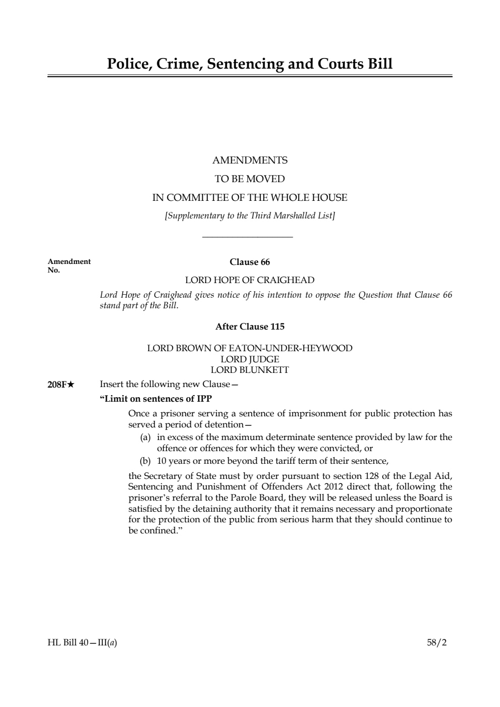 Police, Crime, Sentencing and Courts Bill Amendments to be moved in Committee of the Whole House (Supplementary to the Third Marshalled List)