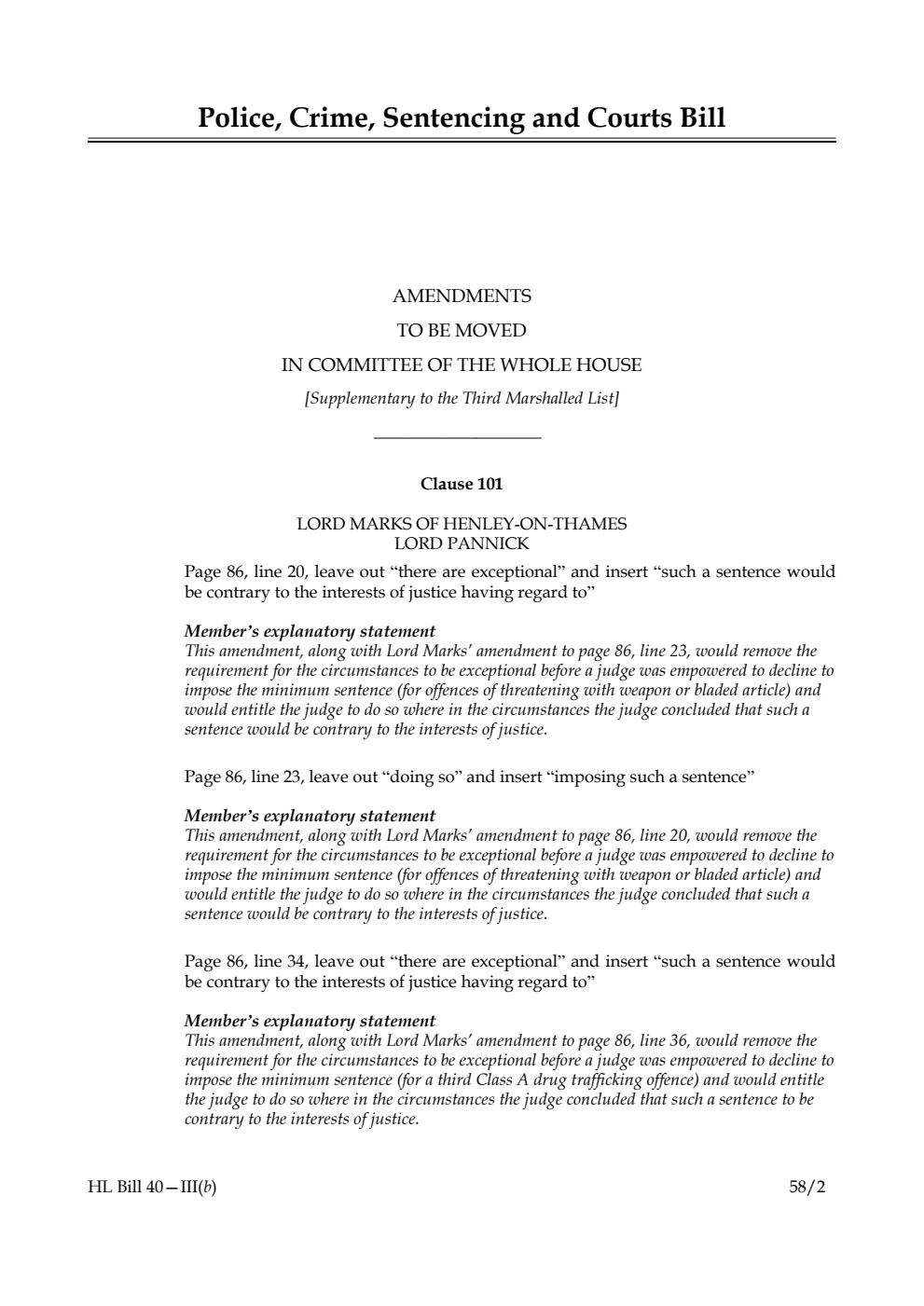 Police, Crime, Sentencing and Courts Bill Amendments to be moved in Committee of the Whole House (Supplementary to the Third Marshalled List)
