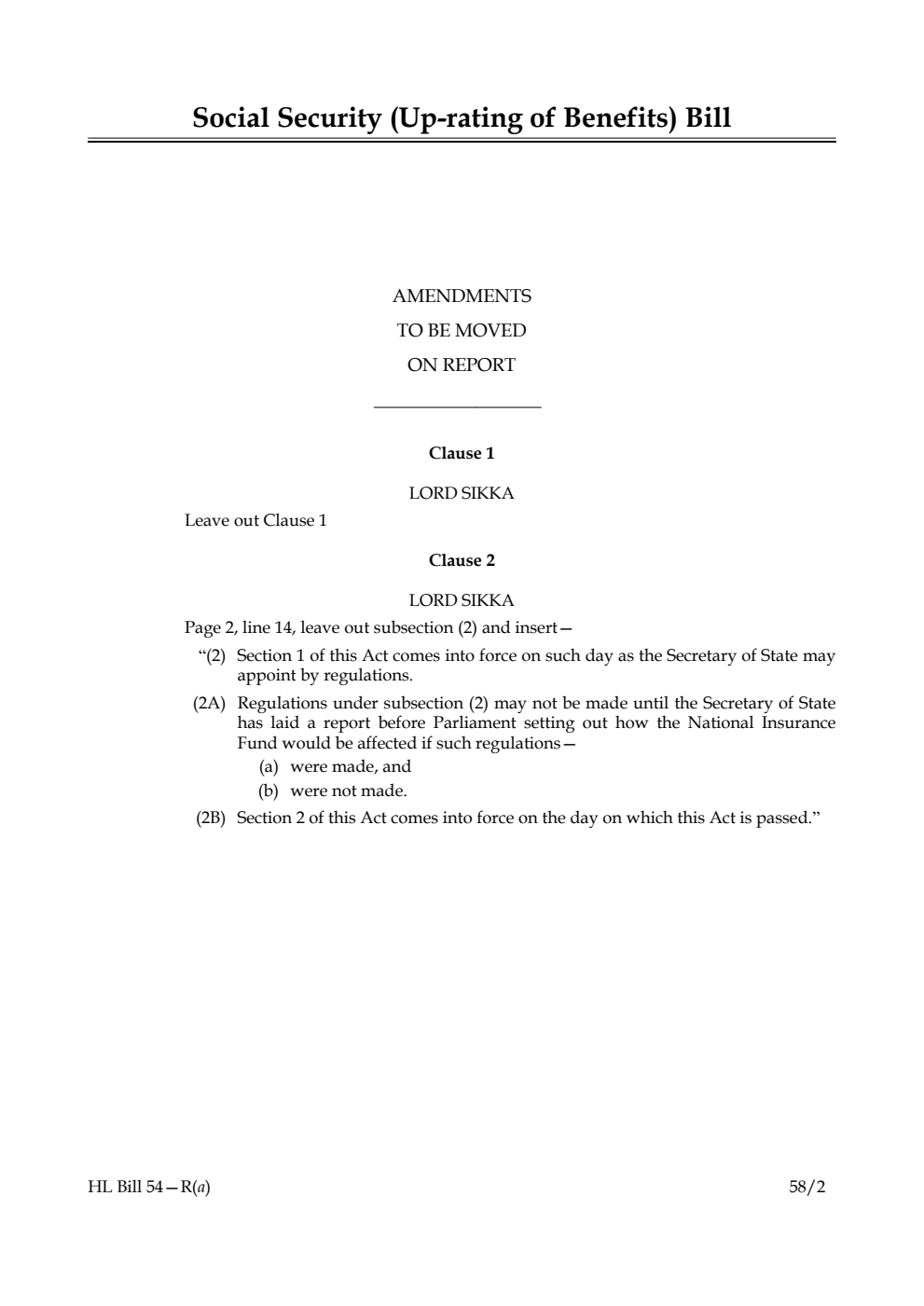 Social Security (Up-rating of Benefits) Bill Amendments to be moved on Report