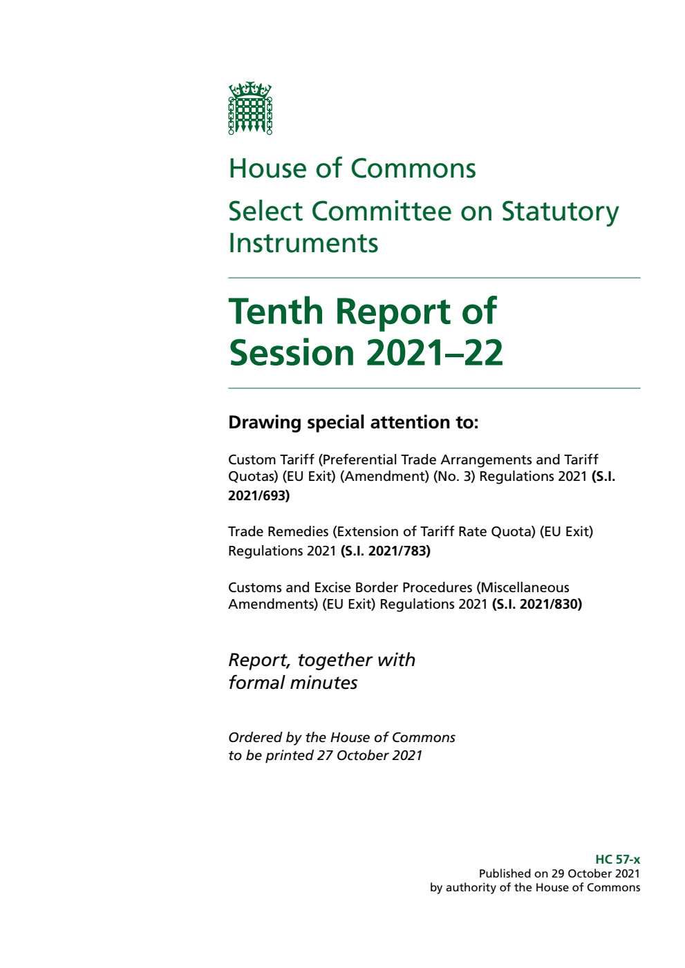Statutory Instruments Committee 10th Report of Session 2021-22
