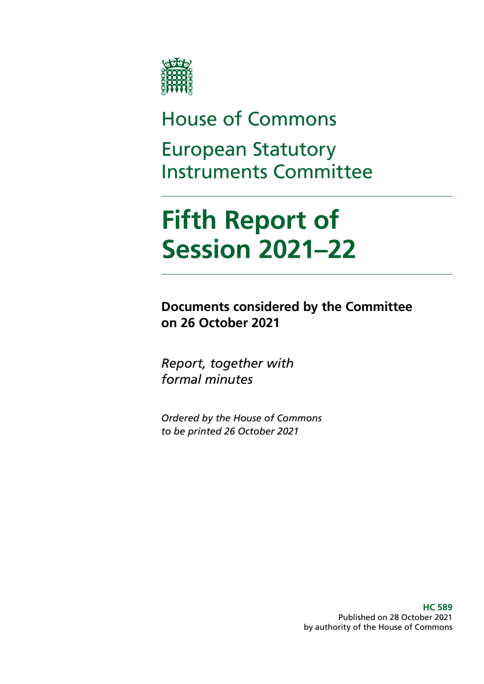 European Statutory Instruments Committee 5th Report of Session 2021-22