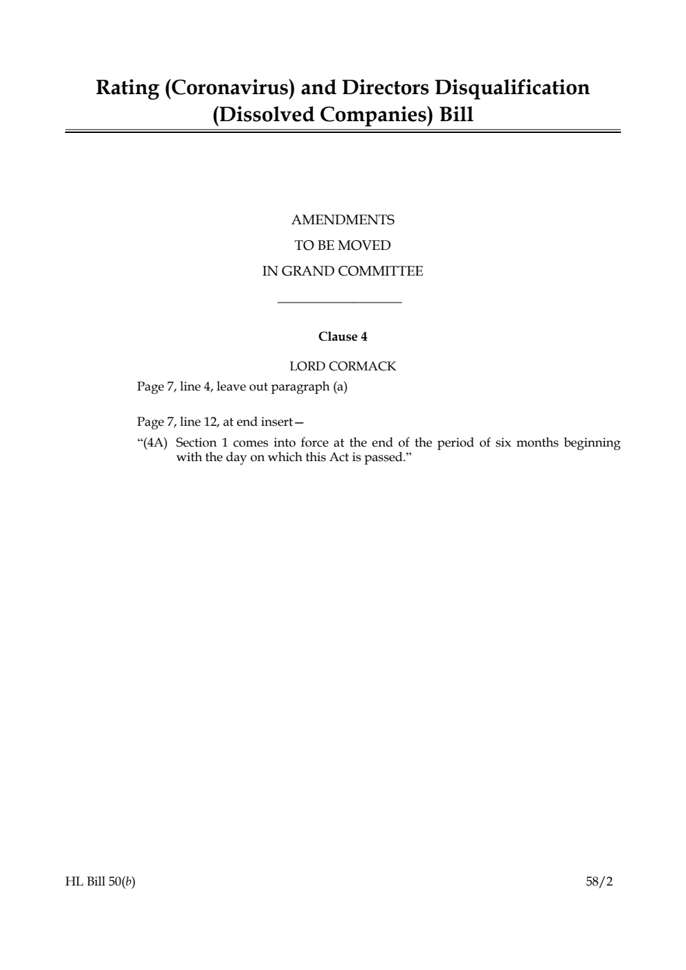 Rating (Coronavirus) and Directors Disqualification (Dissolved Companies) Bill Amendments to be moved in Grand Committee