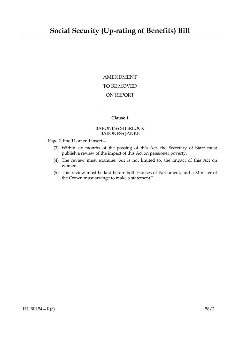 Social Security (Up-rating of Benefits) Bill Amendment to be moved on Report