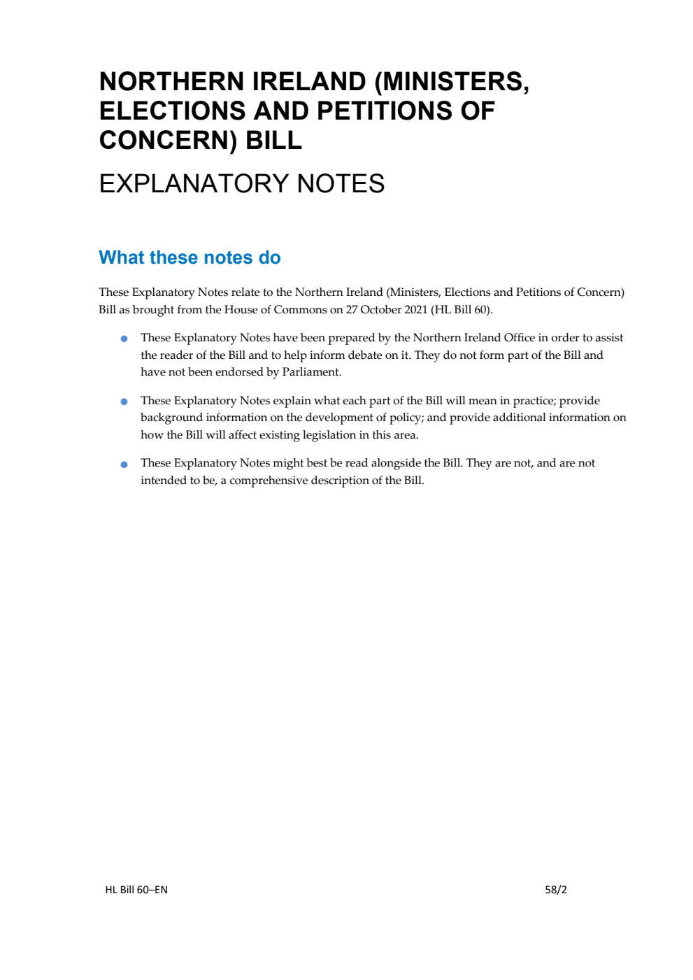 Northern Ireland (Ministers, Elections and Petitions of Concern) Bill Explanatory Notes