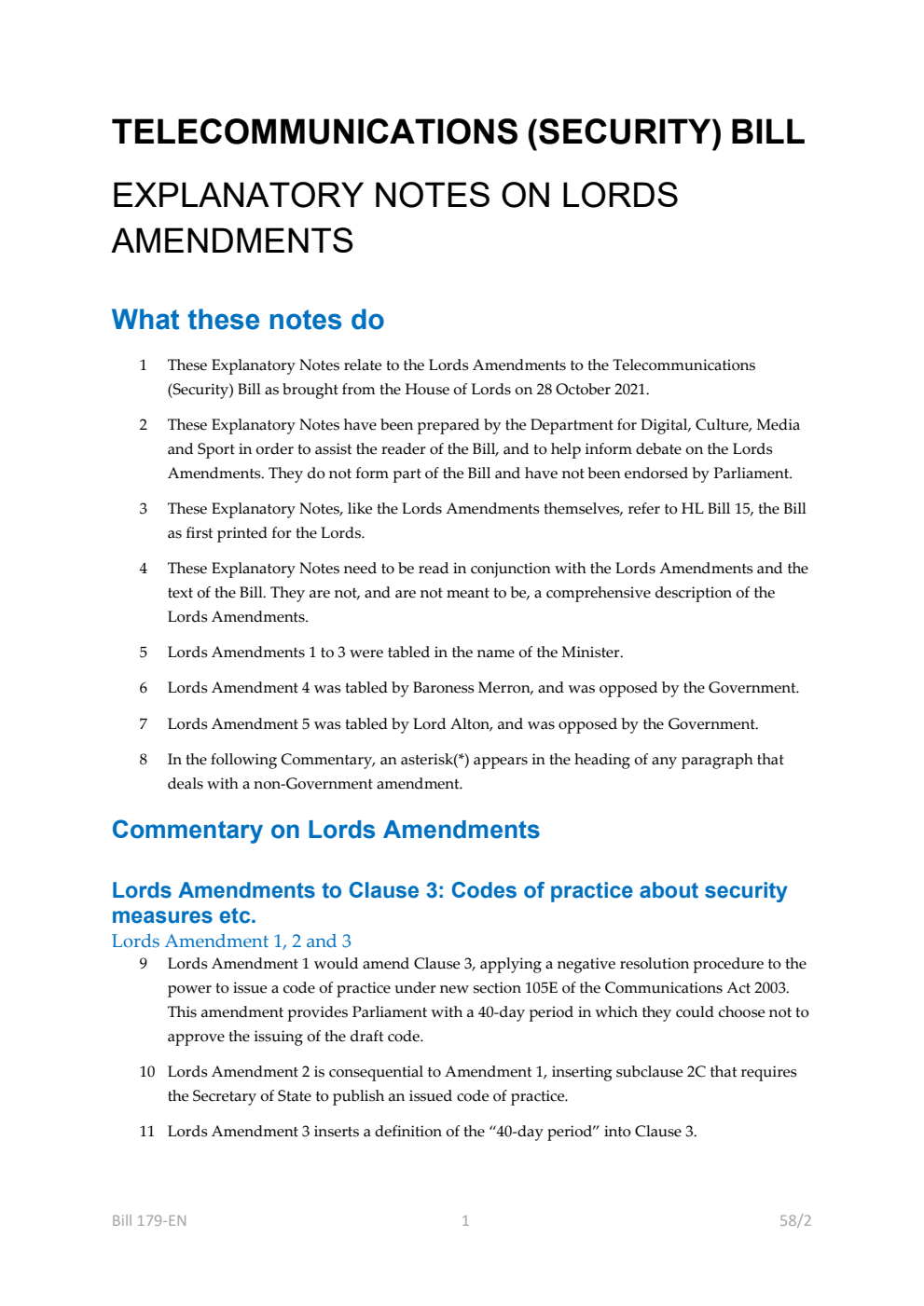 Telecommunications (Security) Bill Explanatory Notes on Lords Amendments