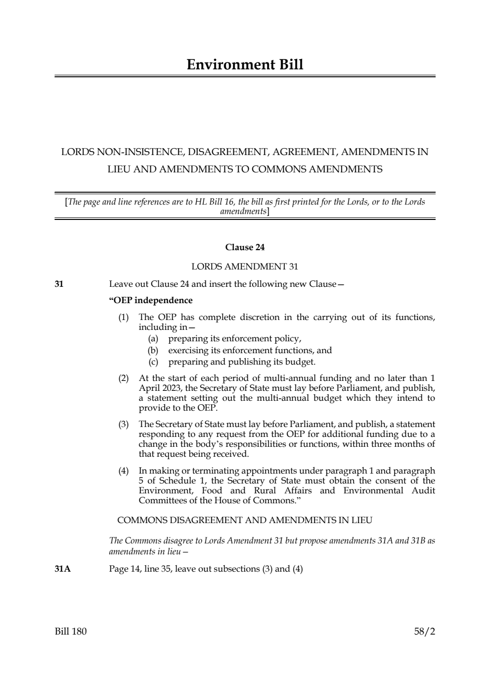 Environment Bill Lords non-insistence, disagreement, agreement, amendments in lieu and amendments to Commons amendments