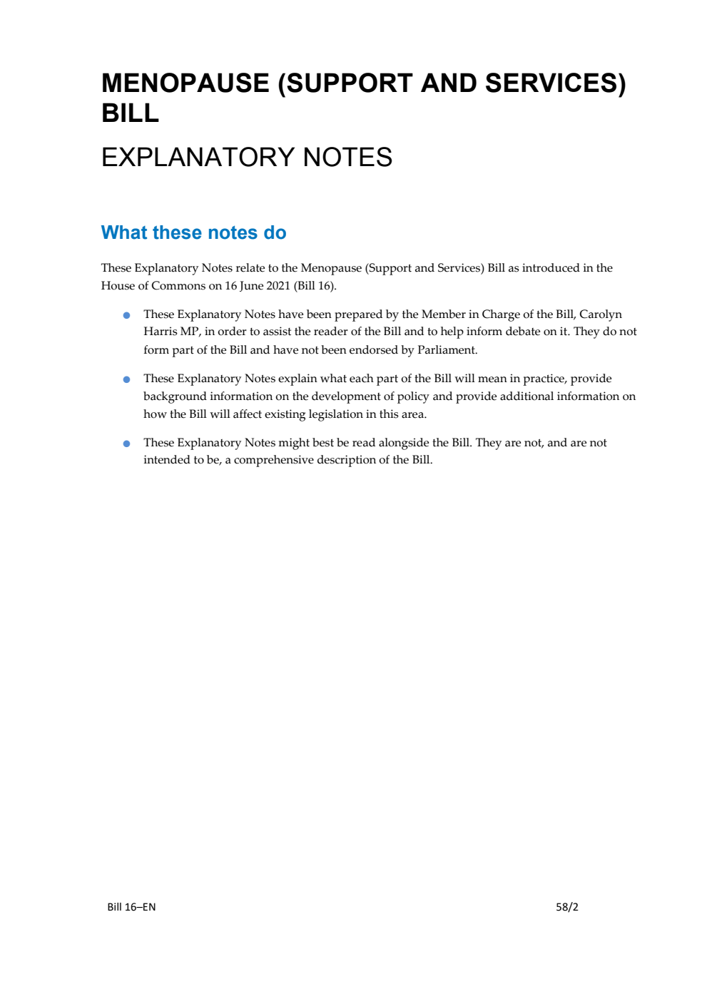 Menopause (Support and Services) Bill Explanatory Notes