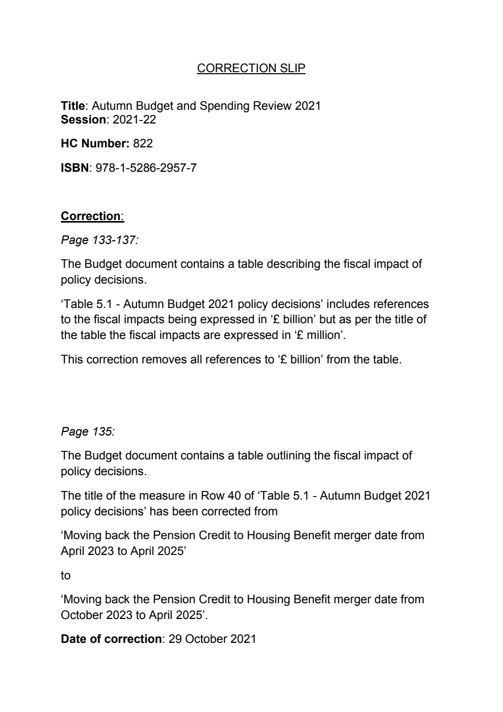 Autumn Budget and Spending Review 2021. A Stronger Economy for the British People. Correction Slip, October 2021