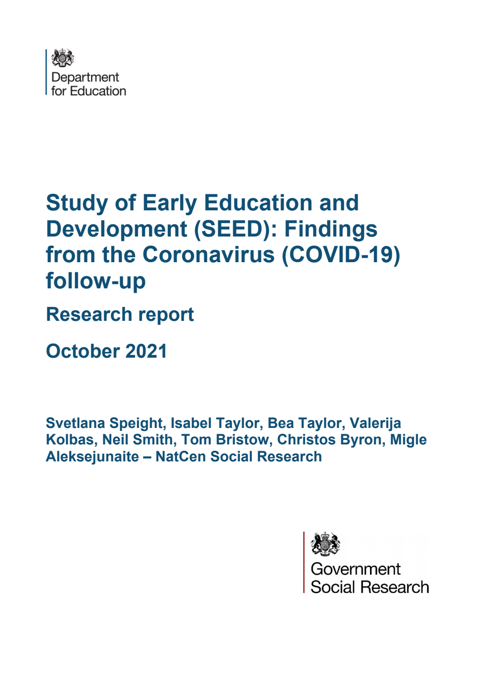 DFE-RR1168 Study of Early Education and Development (SEED): Findings from the Coronavirus (COVID-19) follow-up. Research report. October 2021