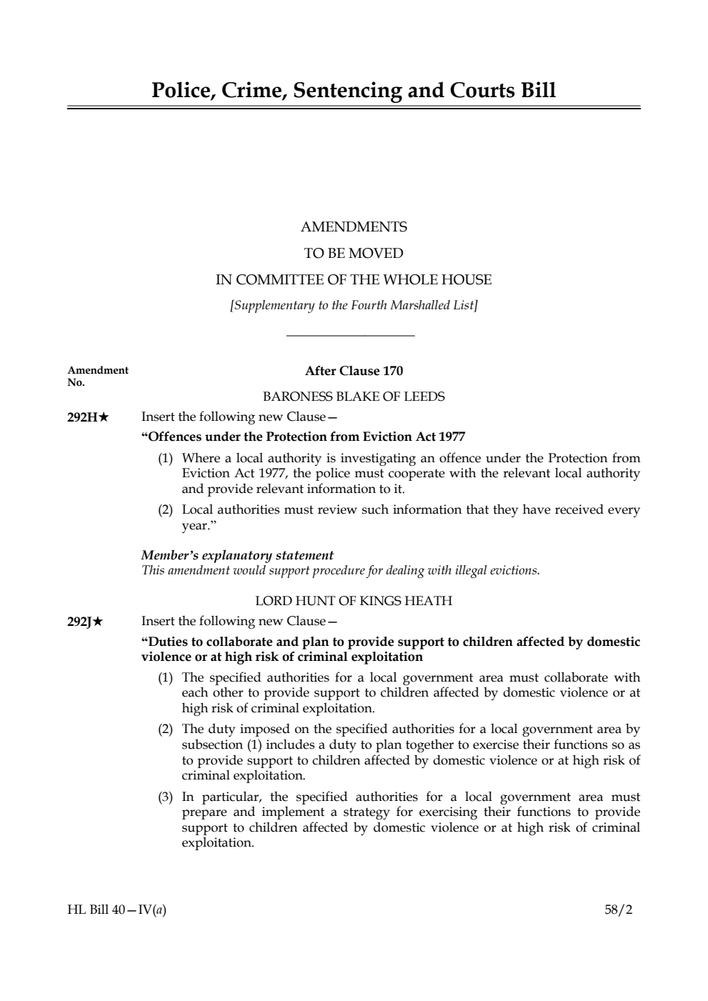 Police, Crime, Sentencing and Courts Bill Amendments to be moved in Committee of the Whole House