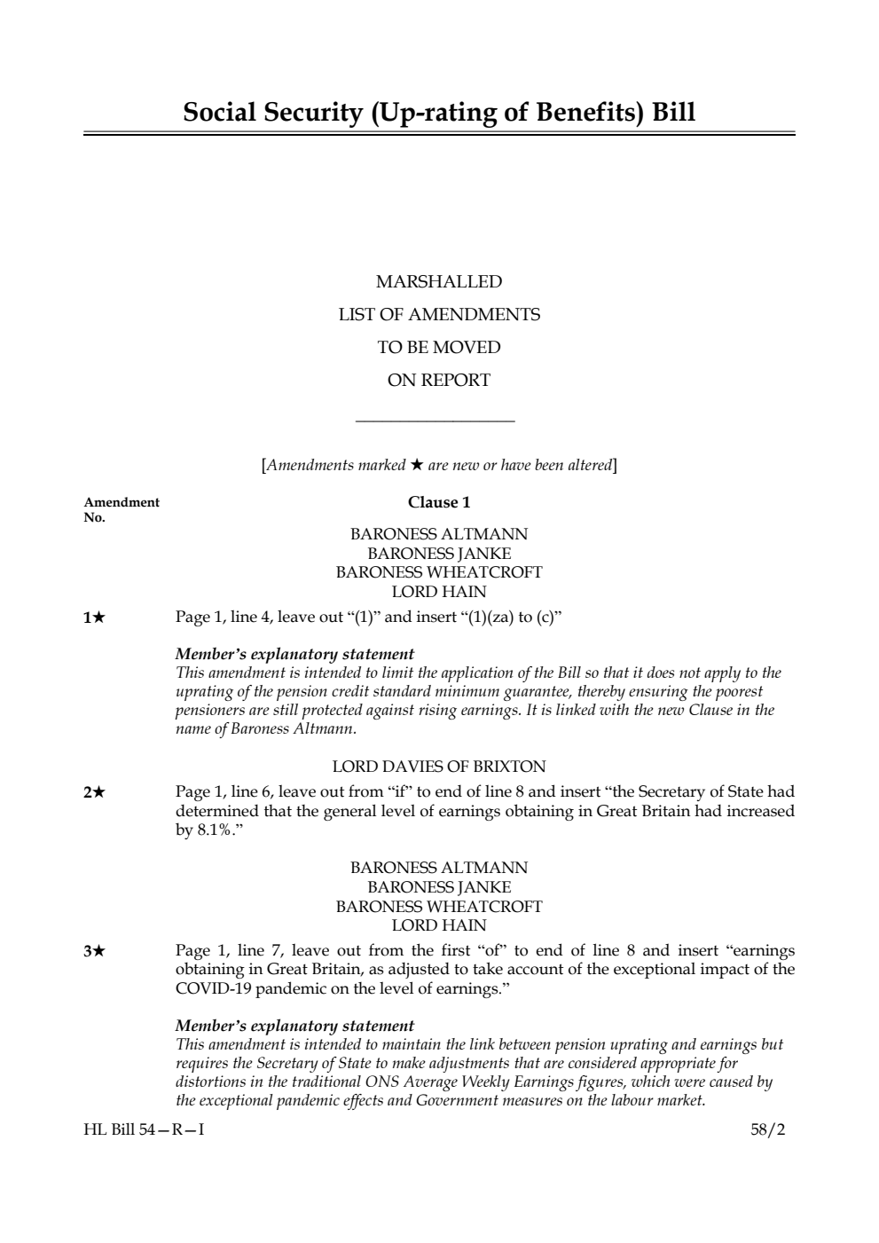 Social Security (Up-rating of Benefits) Bill Marshalled List of amendments to be moved on report