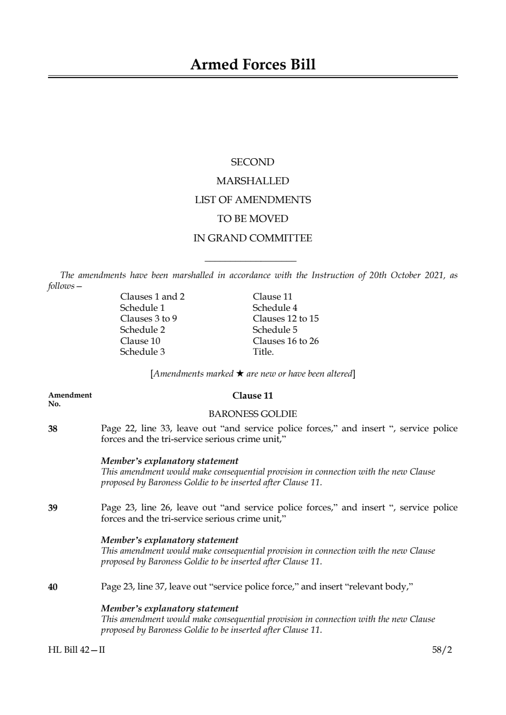 Armed Forces Bill Second Marshalled List of amendments to be moved in Grand Committee