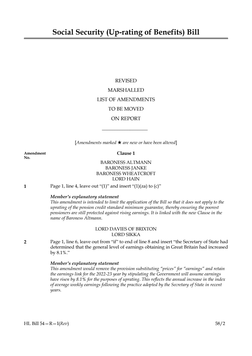 Social Security (Up-rating of Benefits) Bill Revised Marshalled List of amendments to be moved on report