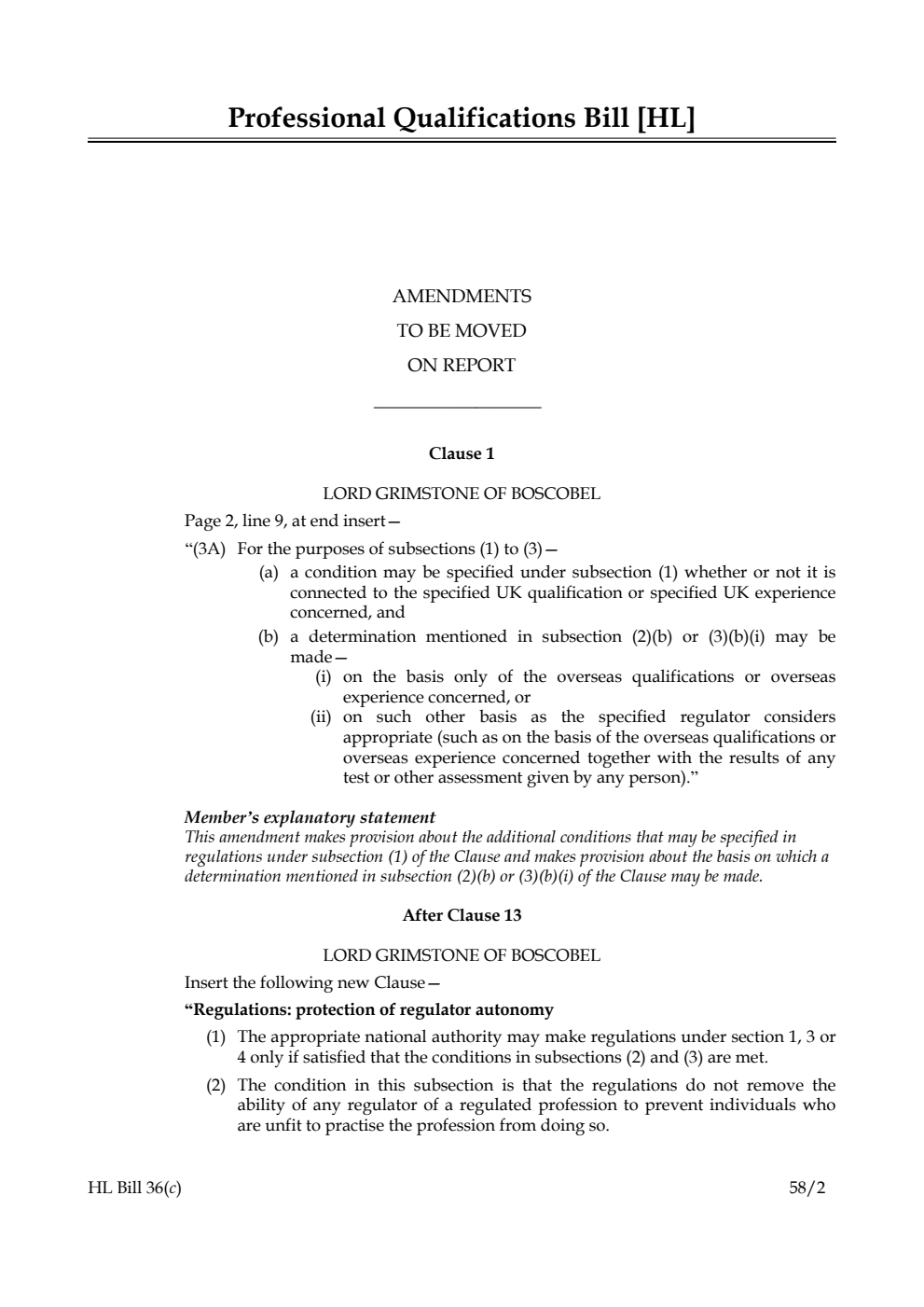 Professional Qualifications Bill Amendments to be moved on Report