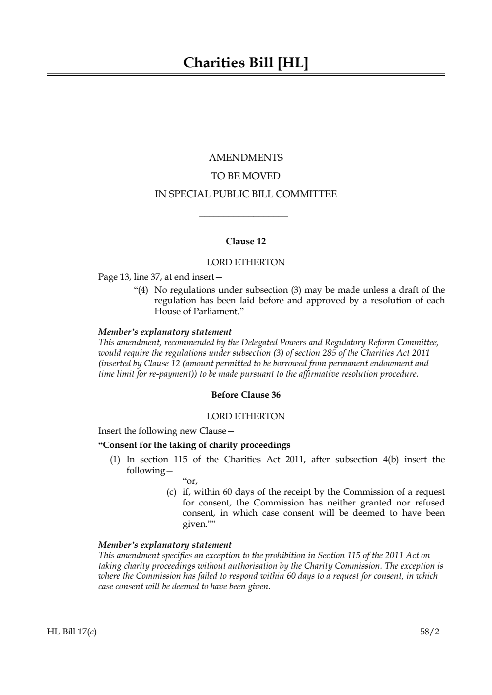 Charities Bill Amendments to be moved in Special Public Bill Committee