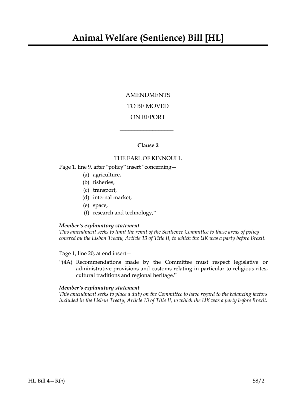 Animal Welfare (Sentience) Bill Amendments to be moved on Report