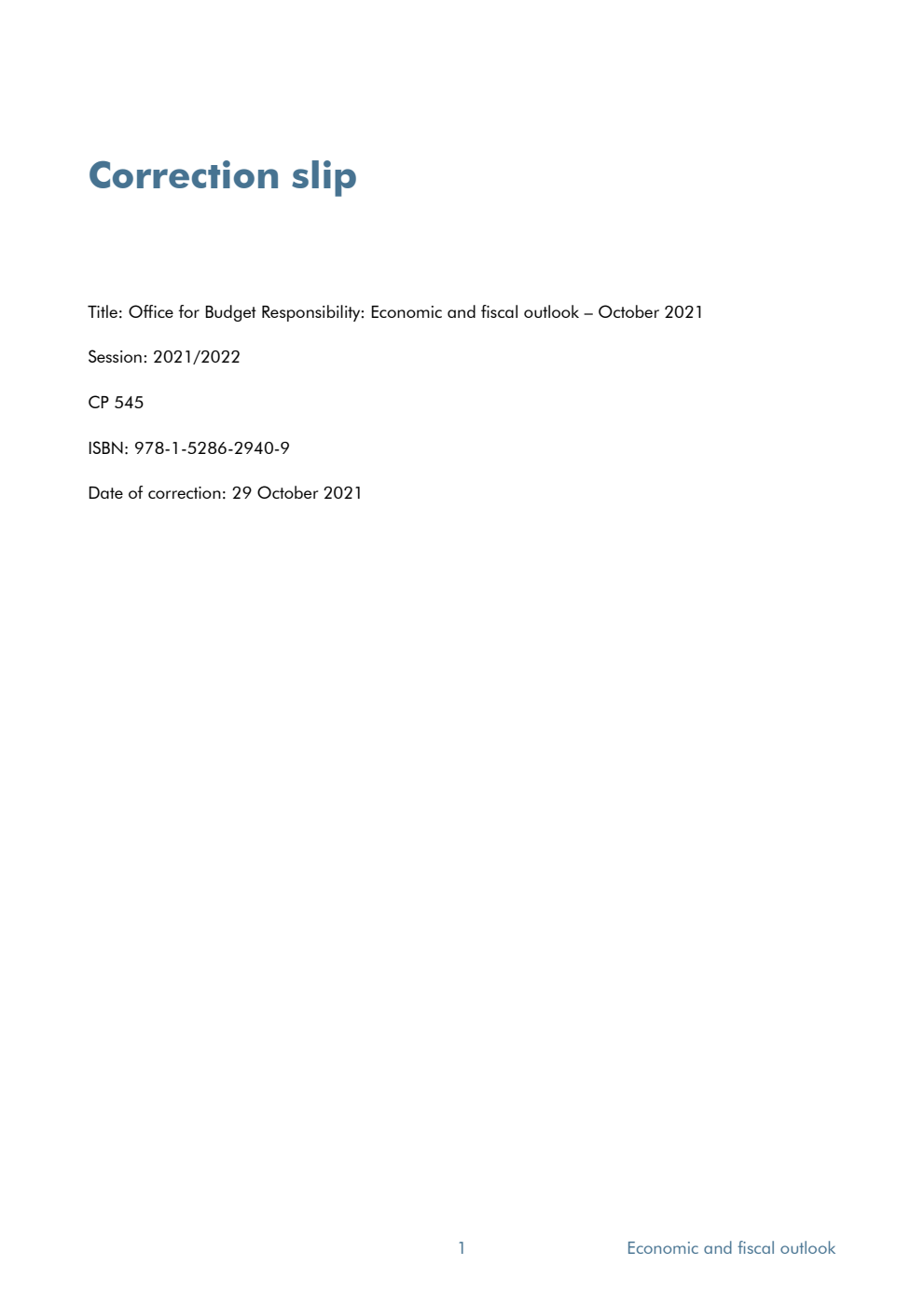 Office for Budget Responsibility: Economic and fiscal outlook. October 2021. Correction Slip, October 2021