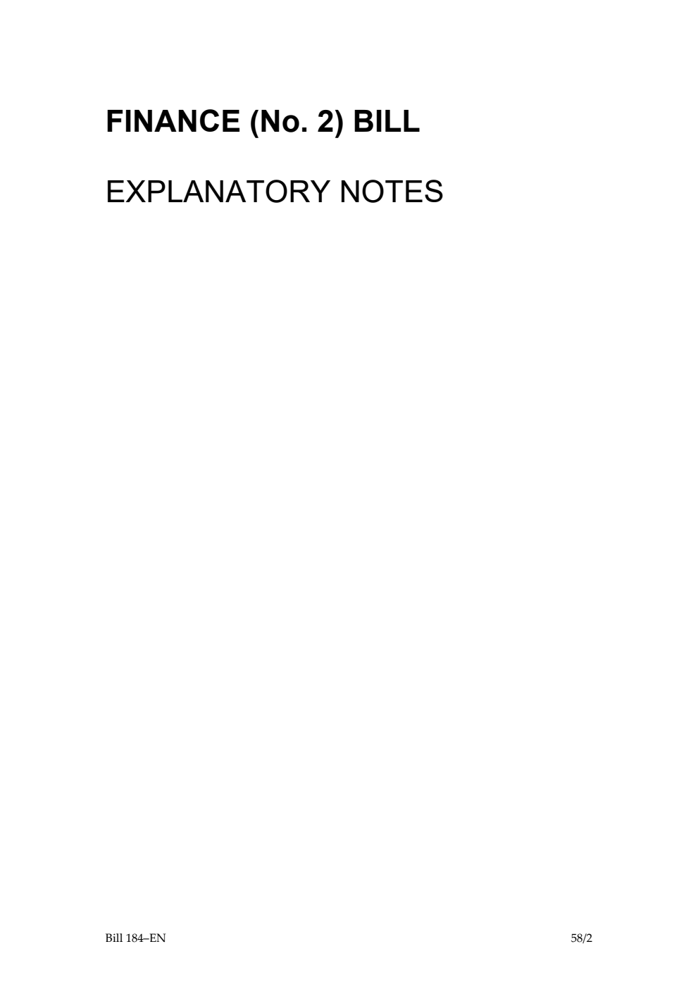 Finance (No. 2) Bill Explanatory Notes