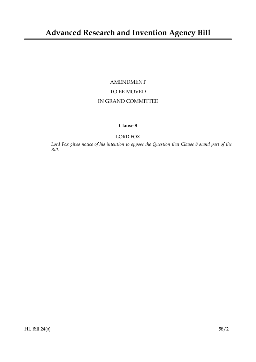 Advanced Research and Invention Agency Bill Amendment to be moved in Grand Committee