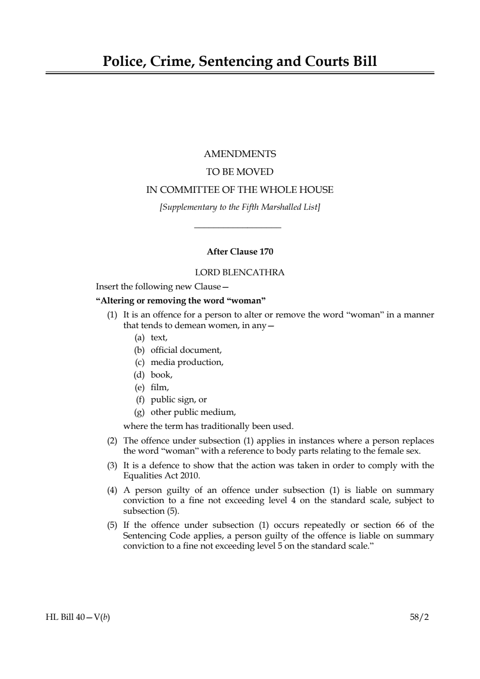 Police, Crime, Sentencing and Courts Bill Amendments to be moved in Committee of the Whole House