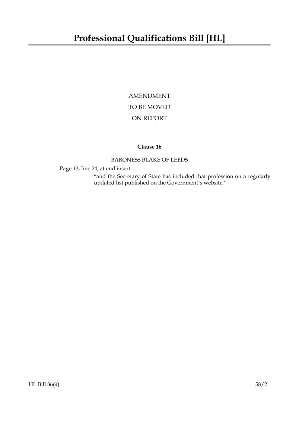 Professional Qualifications Bill Amendment to be moved on Report