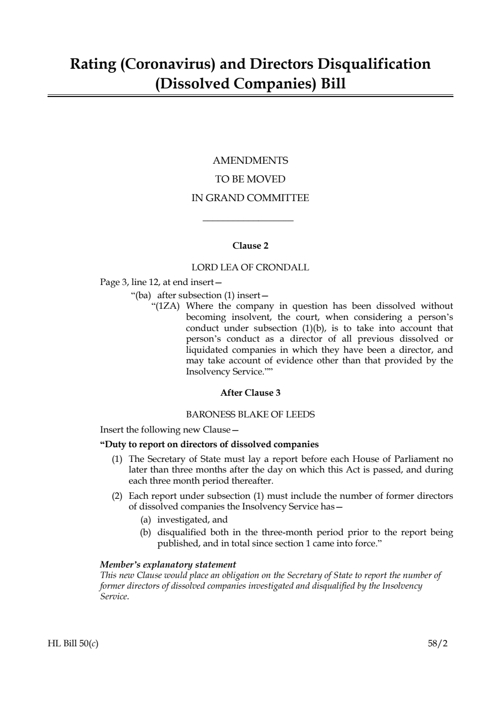 Rating (Coronavirus) and Directors Disqualification (Dissolved Companies) Bill Amendments to be moved in Grand Committee
