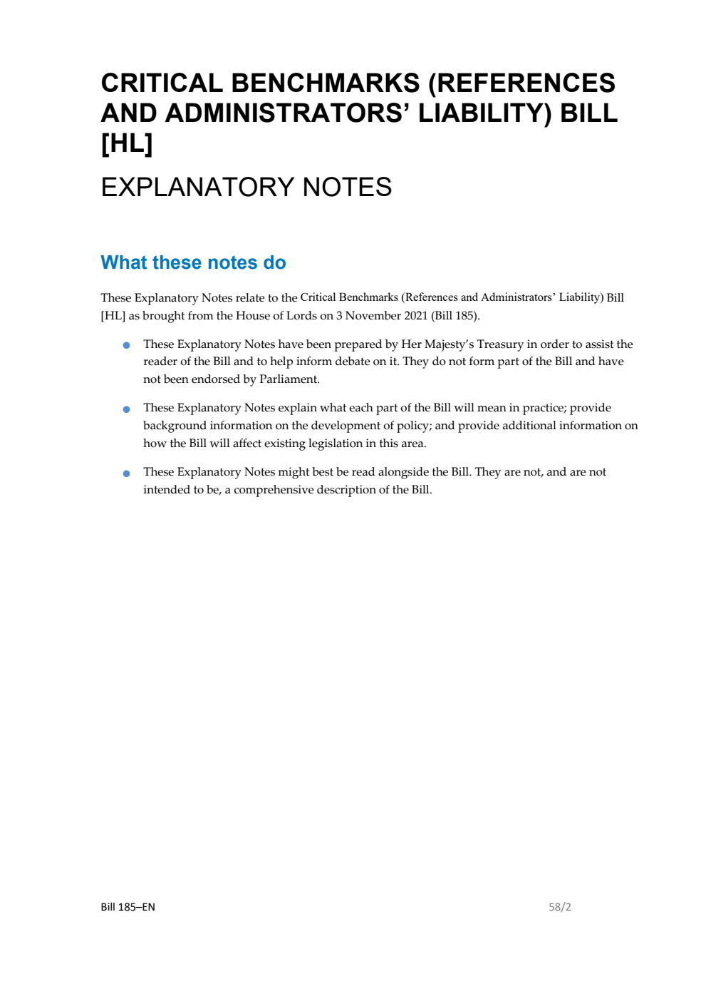 Critical Benchmarks (References and Administrators’ Liability) Bill Explanatory Notes