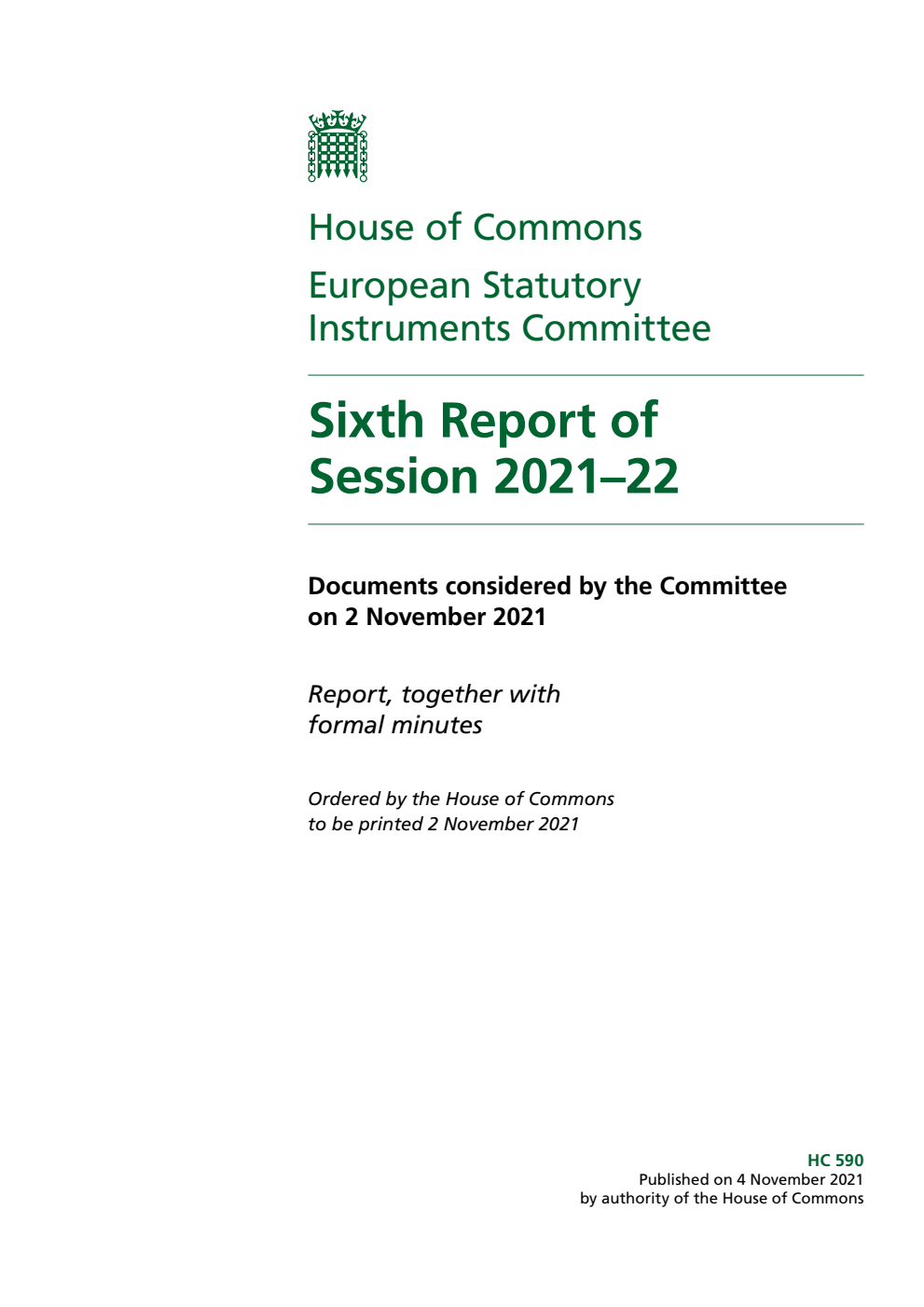 European Statutory Instruments Committee 6th Report of Session 2021-22