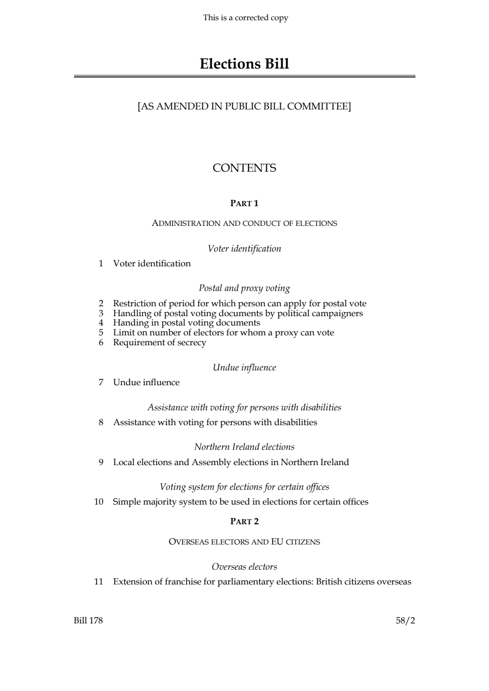 Elections Bill [as amended in Public Bill Committee] Corrected Reprint, November 2021